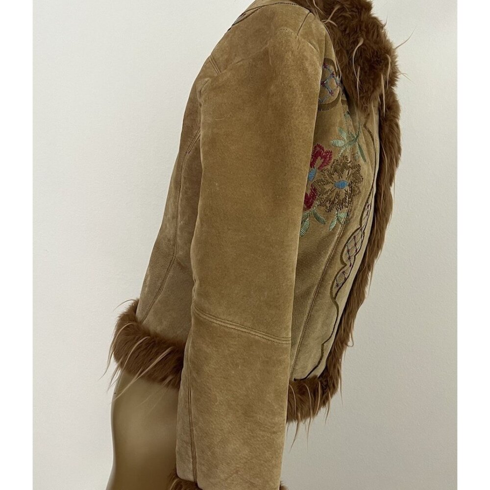 Vintage Y2K XOXO Tan Suede Jacket Faux Fur Trim Embroidered Flowers Women's M - Picture 12 of 16